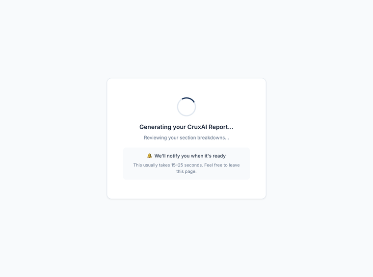 Animation of a CruxAI Report generating, then revealing the verdict, topic mastery and time-allocation charts